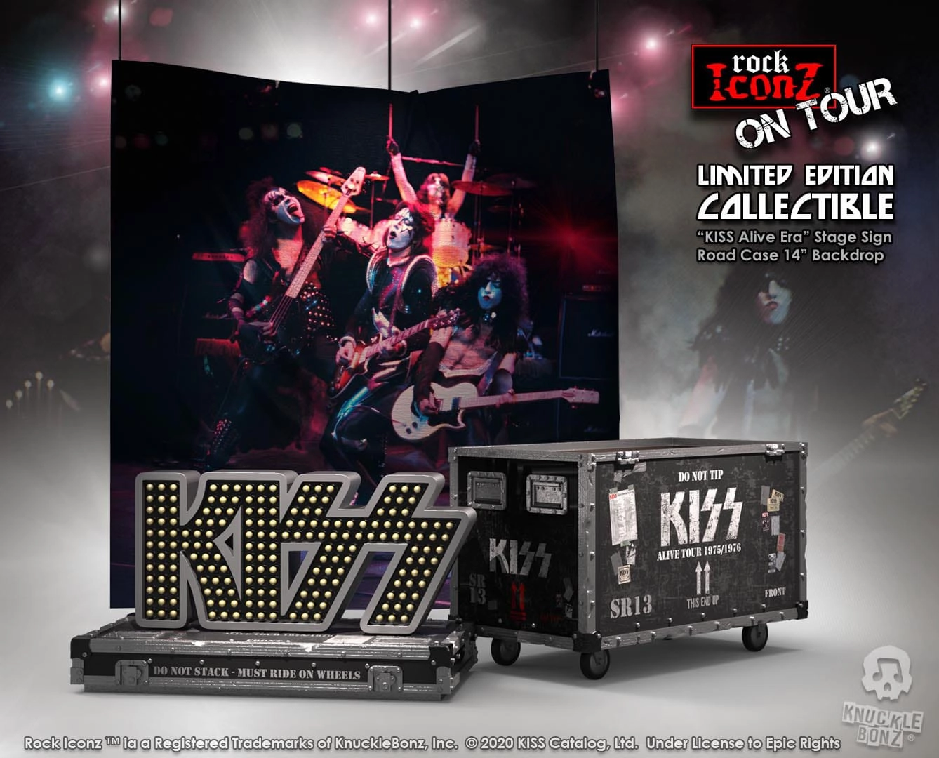 Artisan Partnership Holiday Ornament Knucklebonz Kiss Alive! Tour Rock Ikonz On Tour Road Case Statue + Stage Backdrop Set